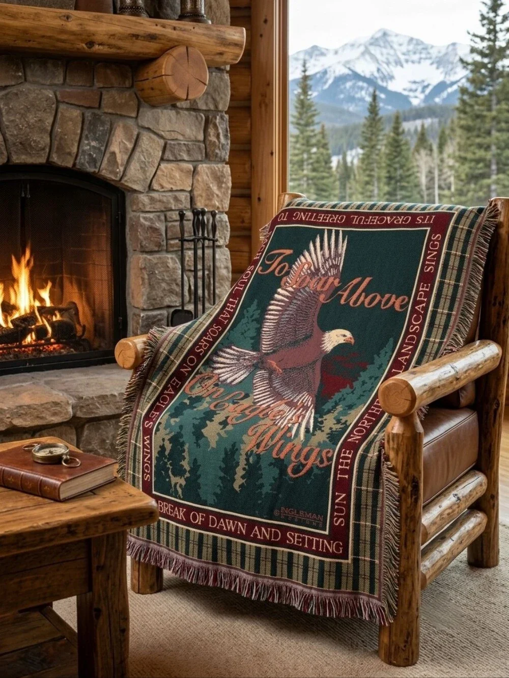 Vintage 90s Jacquard Woven Cotton Fringe Tapestry Throw Blanket Eagles Wing Hymn